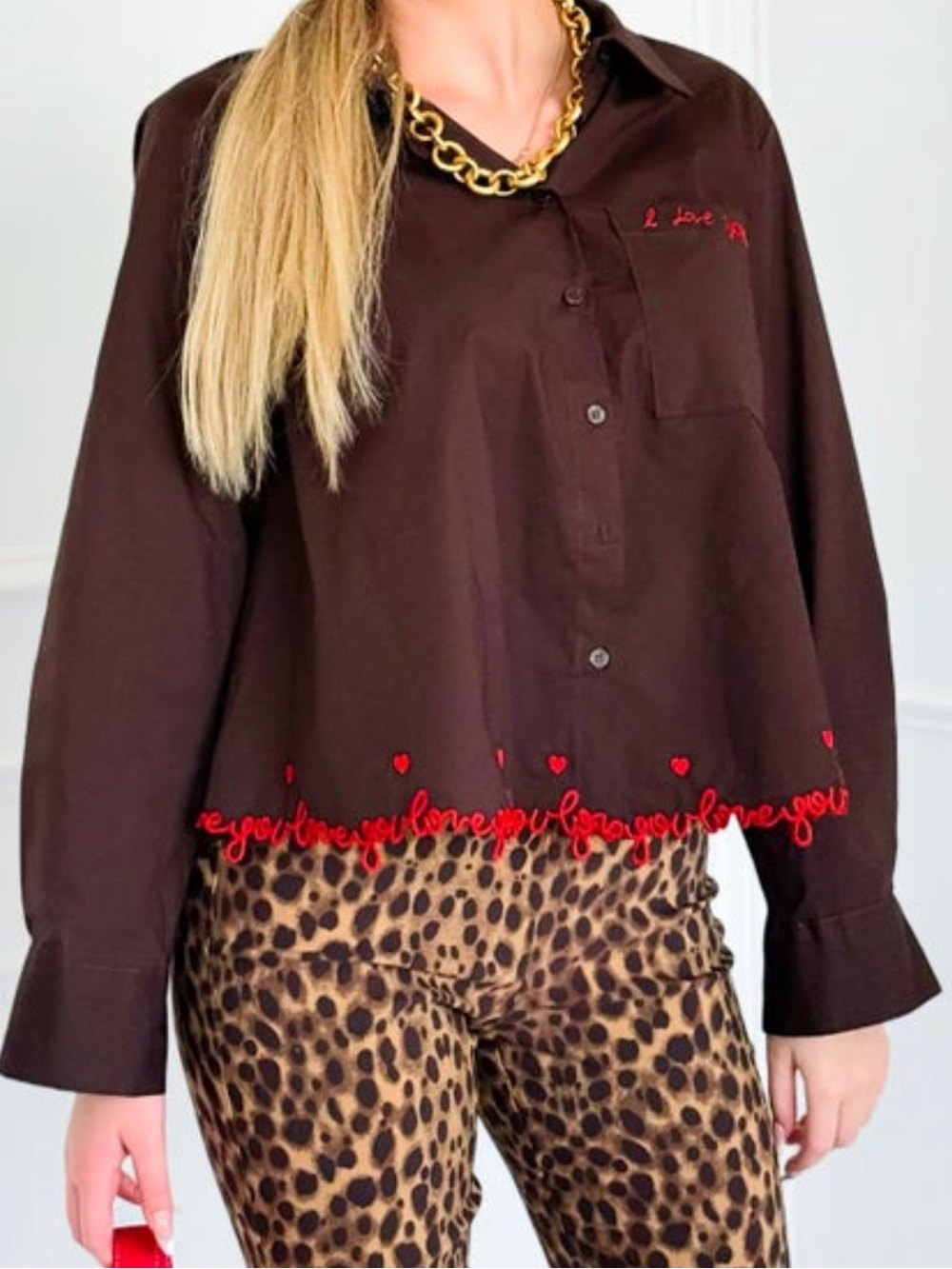 Women’s Brown Button-Down Shirt with Red Heart Embroidery